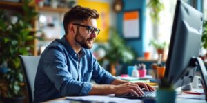 Business owner with ADHD in a bright, organised workspace.