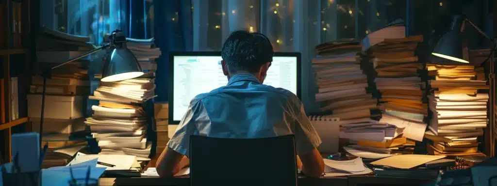a focused, dimly lit office space with a lone employee seemingly overwhelmed by a stack of disordered papers and a glowing computer screen, symbolising the challenges of maintaining productivity while managing adhd in a remote work environment. adhd employee underperforming